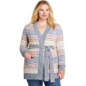 Lands' End Women's 1X Cozy Tie Cardigan Sweater, Ivory Ombre Stripe, New w/o Tag